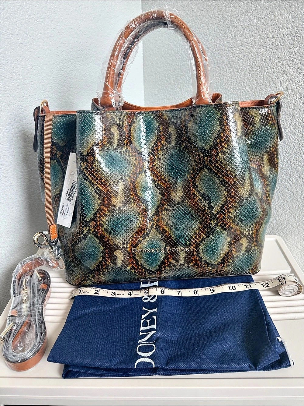 NWT Dooney & Bourke Large Barlow Snake-Print Tote in Blue & Brown.